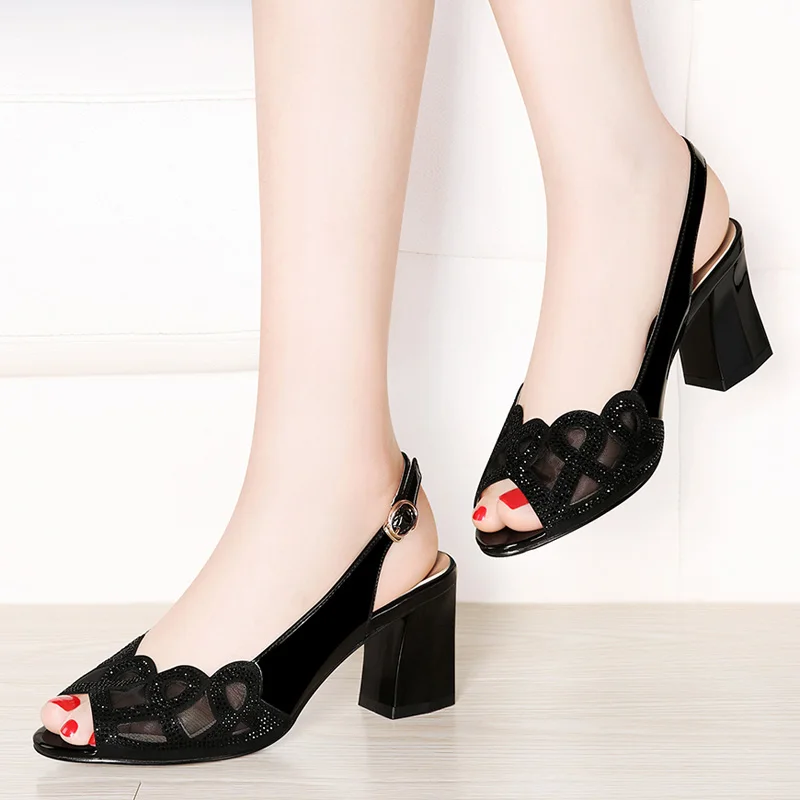 

Peep-Toe Sandals Female 2019 New Wild Middle-Aged Mom Shoes Female Summer Shoes Semi-High Heeled Shoes Chunky-Heel