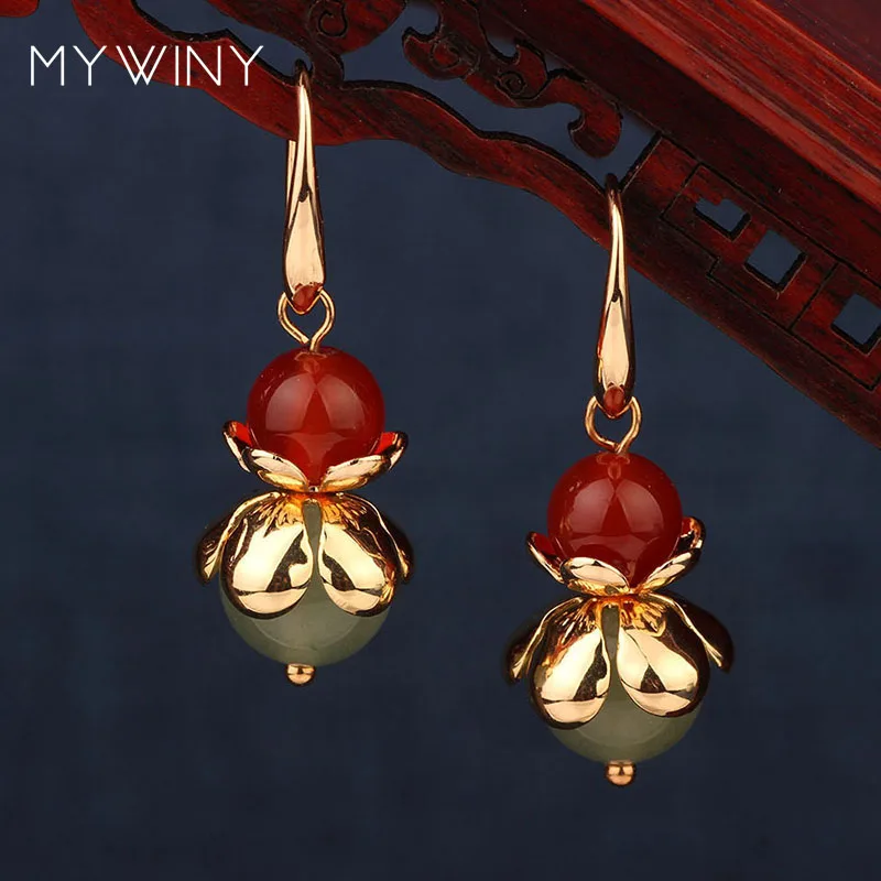MYWINY медные цветы природа камни Винтажные серьги модные этнические ювелирные