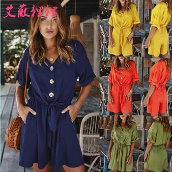Solid color sexy A-neck V-neck jumpsuit half-sleeved round buckle cotton belt short pants temperament female spring 
Solid color sexy A-neck V-neck jumpsuit half-sleeved round buckle cotton belt short pants temperament female spring