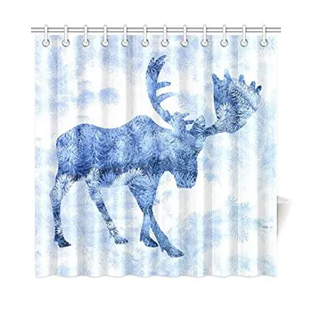 

Beautiful Winter Landscape with Blue Moose Deer Silhouette Waterproof Shower Curtain Decor, Fabric Bathroom Set with Hooks,