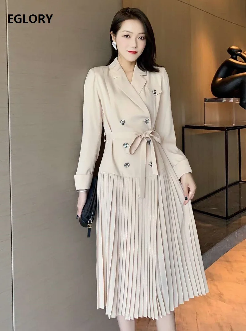 High Quality New 2020 Autumn Winter Style Dress Women Notched Collar Double Breasted Long Sleeve Apricot Black Pleated Dress OL
High Quality New 2020 Autumn Winter Style Dress Women Notched Collar Double Breasted Long Sleeve Apricot Black Pleated Dress OL