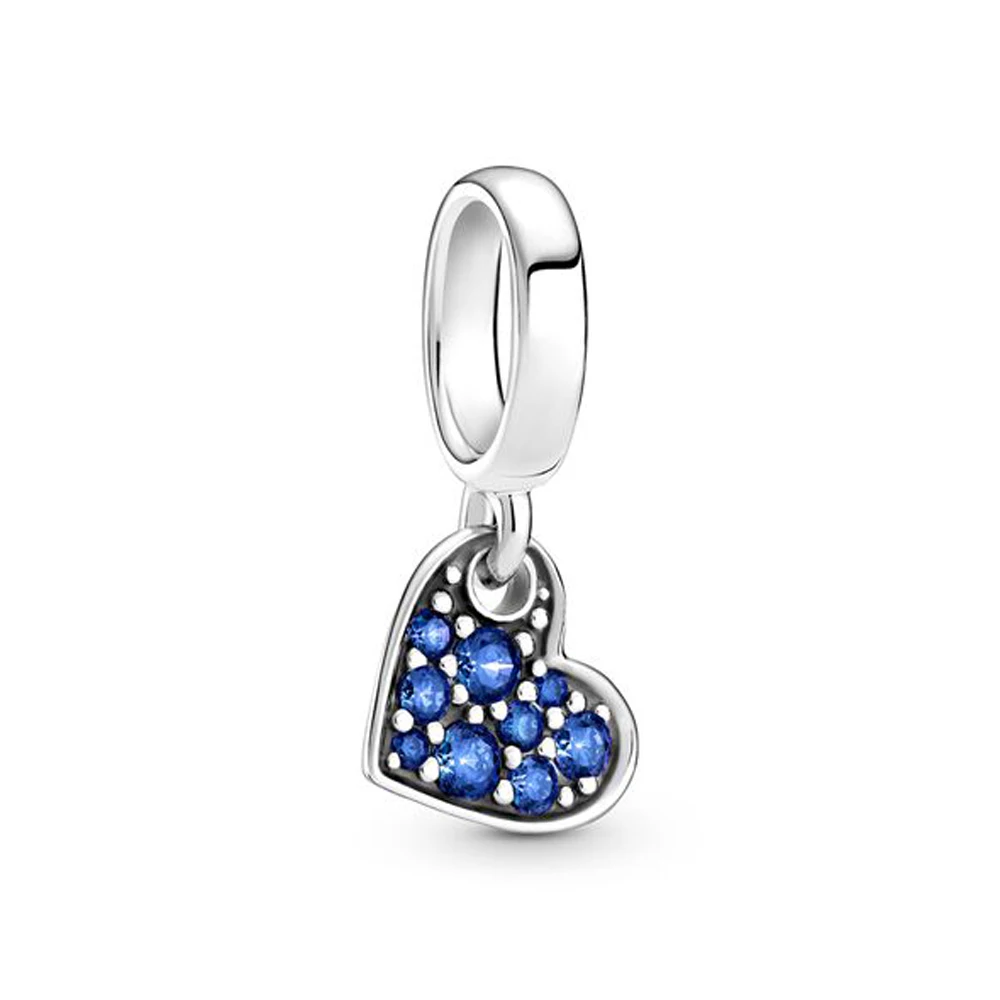 

Original 925 Sterling Silver Beads Stellar Blue Pave Tilted Heart Dangle Charms Fit Pandora Bracelet DIY Jewelry Gift Kralen