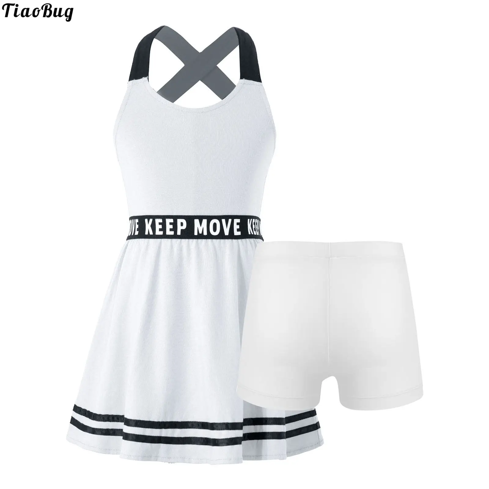 

TiaoBug Summer 2Pcs Kids Girls Sport Dress Straps Cross At Rear Sleeveless Letters Print A-Line Dress With Shorts Set