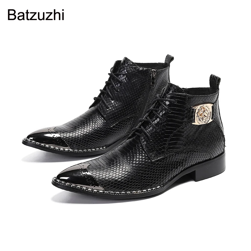 

Batzuzhi British Style Men Boots Shoes Pointed Metal Head Ankle Short Boots Men Genuine Leather Black Lace-up Men Boots, EU38-46
