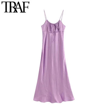 

TRAF Women Chic Fashion Pleats Detail Cozy Midi Dress Vintage Sleeveless Spaghetti Strap Female Dresses Vestidos Mujer