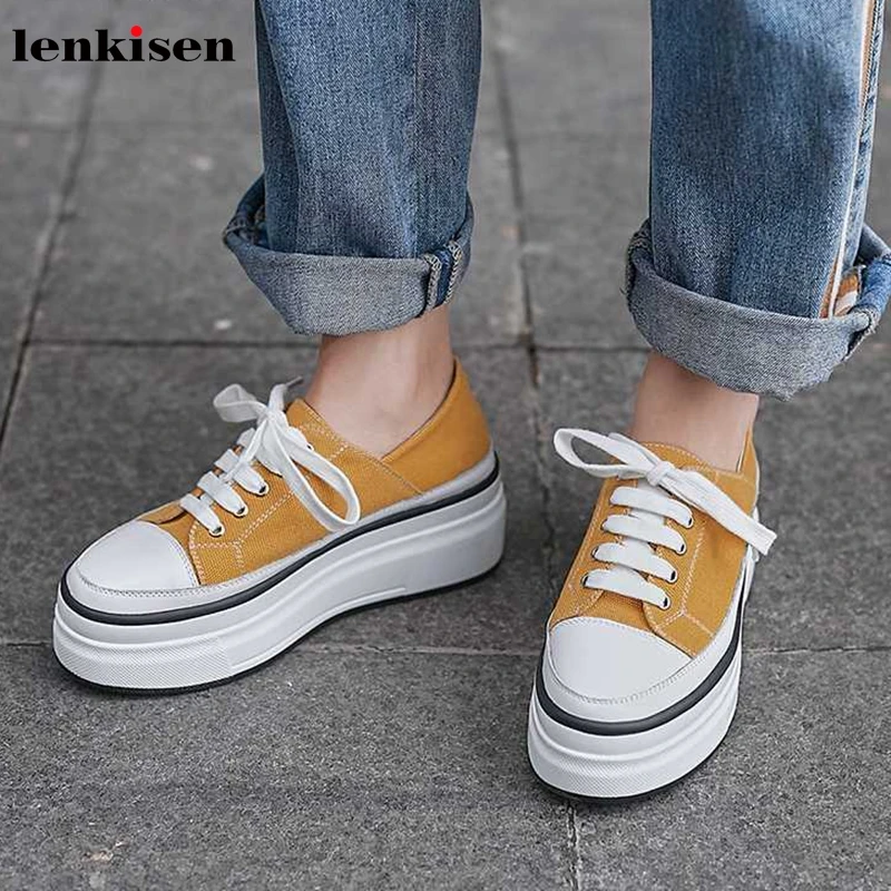 Lenkisen cow leather lace up canvas shoes round toe high heels thick bottom classic campus autumn women vulcanized shoes L26
Lenkisen cow leather lace up canvas shoes round toe high heels thick bottom classic campus autumn women vulcanized shoes L26