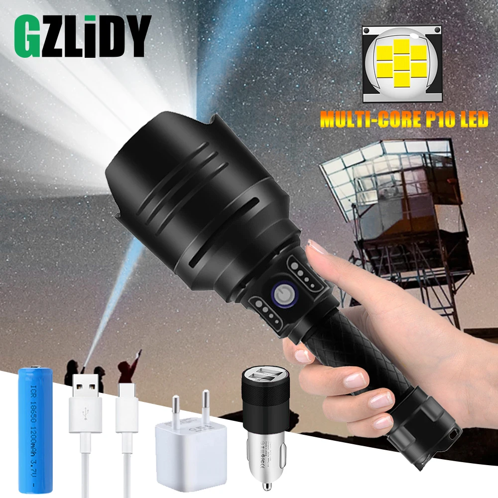 Powerful 7-core P10 LED Flashlight With High Quality Lens USB Input & Output Function Tactical Torch 4 Mode Zoomable 18650 Lamp
Powerful 7-core P10 LED Flashlight With High Quality Lens USB Input & Output Function Tactical Torch 4 Mode Zoomable 18650 Lamp