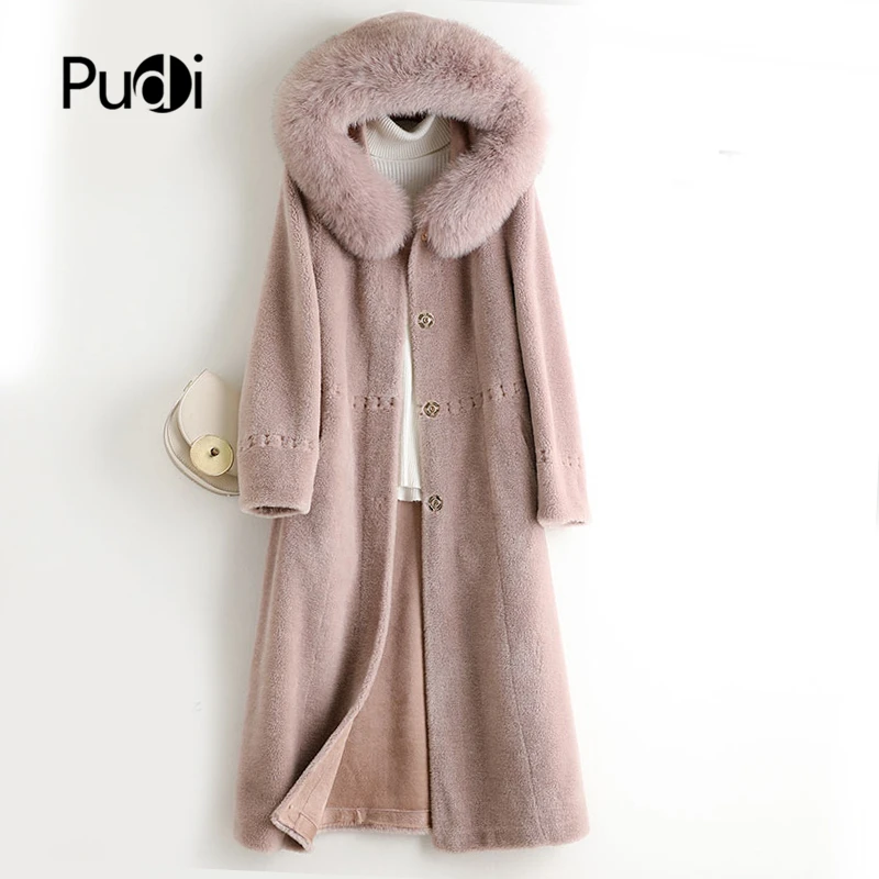 

Aorice women real wool fur coat jacket trench winter warm female sheep shearing over size parka with real fox fur hood A50024