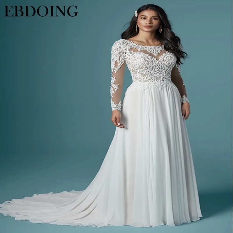 

Vestidos De Novia New Arrive A-line Wedding Dress Scoop Neckline With Full Sleeves Court Train Plus Size Wedding GrowBridal Gown