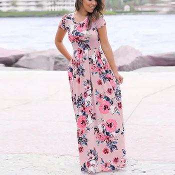 

Fashion Women Summer Dress Short Sleeve Floral Printed Bohemia Long Maxi Dress vestidos de fiesta de noche#30