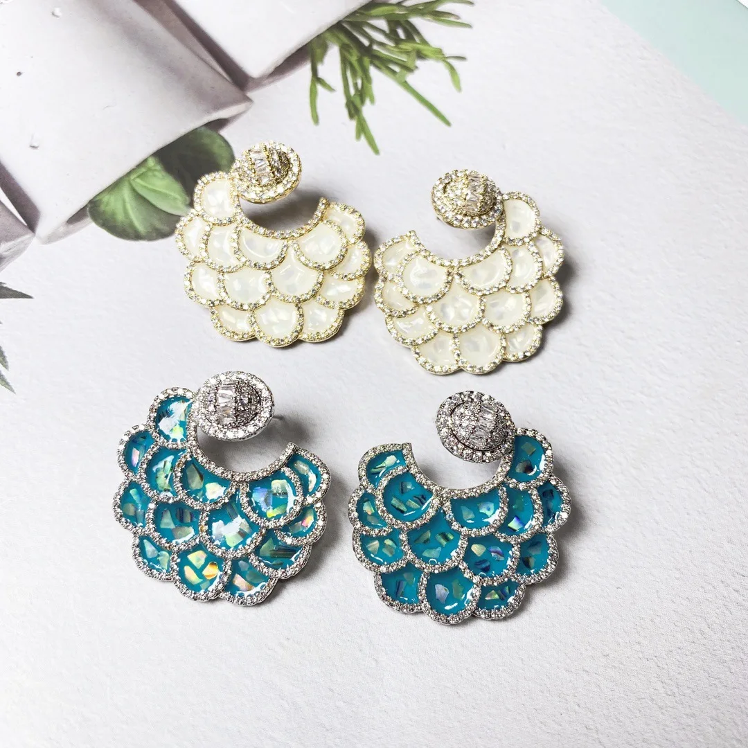 

EYER Blue Shell-layered Flower Big Earrings Silver Color Mirro PaveCubic Zirconia Oval Drop Stud Earrings For Women's Jewelry