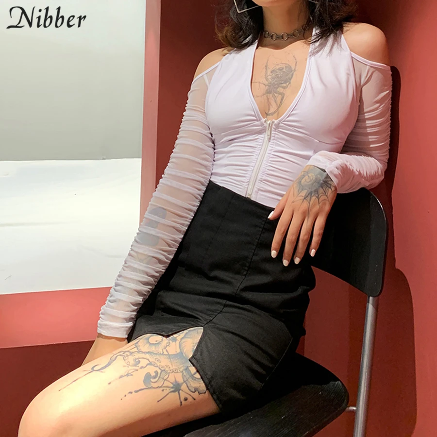 NIBBER fashion sexy V-neck mesh patchwork t-shirt women Strapless  long sleeve crop top 2019 club party night Tee shirts mujer