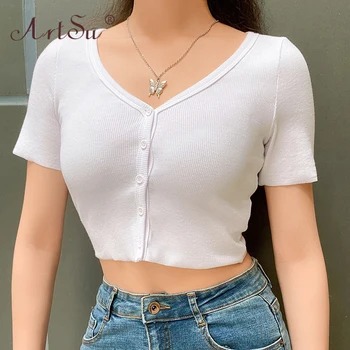 ArtSu Sexy V Neck Short Sleeve Button Up Crop Top Casual Tshirt 2020 Women Fashion Rib Knit Elastic Slim Summer Tops Tee Shirt
ArtSu Sexy V Neck Short Sleeve Button Up Crop Top Casual Tshirt 2020 Women Fashion Rib Knit Elastic Slim Summer Tops Tee Shirt