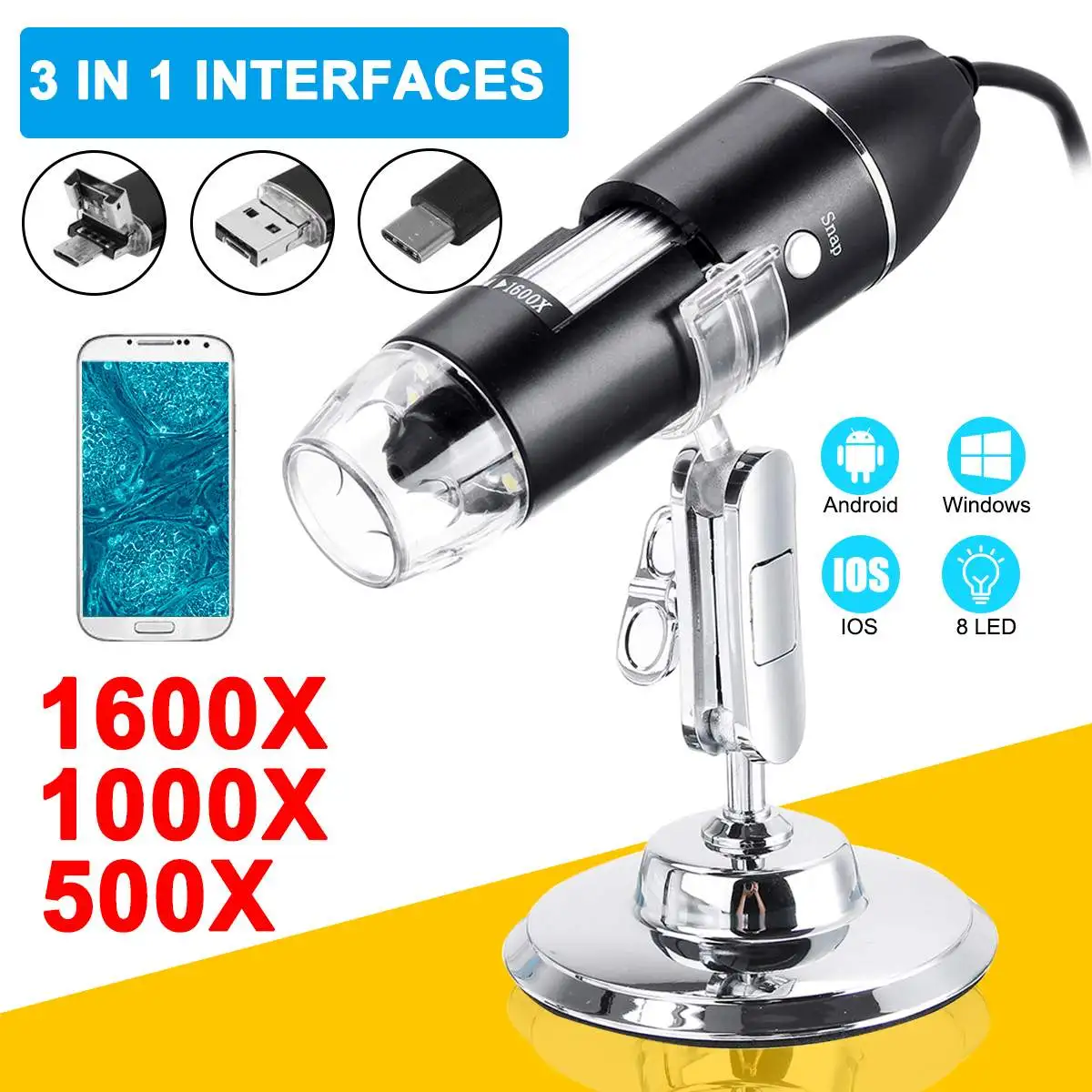 500X 1000X 1600X Digital Microscope 8 LED 3 in 1 Endoscope Micro USB Type-c Zoom Magnifier Camera Stand Holder
500X 1000X 1600X Digital Microscope 8 LED 3 in 1 Endoscope Micro USB Type-c Zoom Magnifier Camera Stand Holder