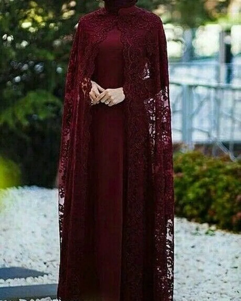 

Burgundy Evening Dress 2020 with Long Lace Cape Long Sleeves Muslim Caftan Women Prom Party Dress Evening Gowns vestidos