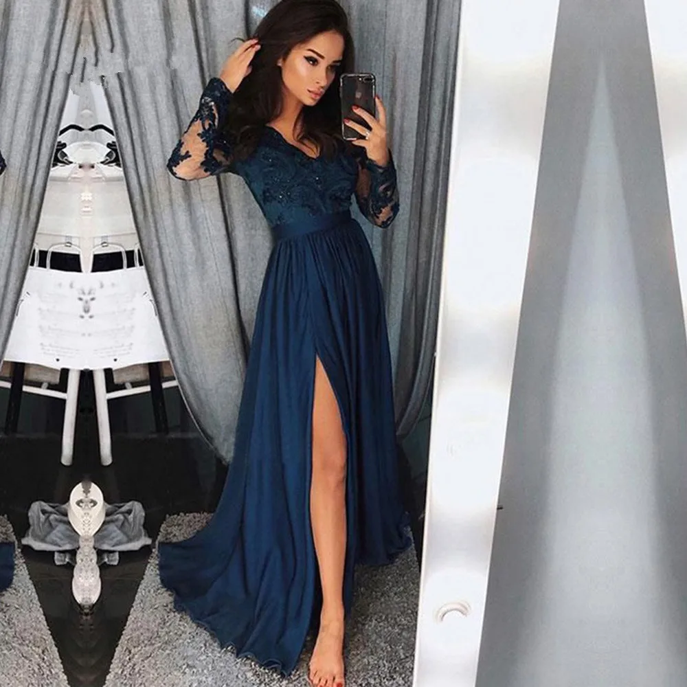 V Neck Side Split Evening Prom Dresses Long with Sleeves Sexy Grey Navy Chiffon Appliqued Lace Formal Party Gowns
V Neck Side Split Evening Prom Dresses Long with Sleeves Sexy Grey Navy Chiffon Appliqued Lace Formal Party Gowns
