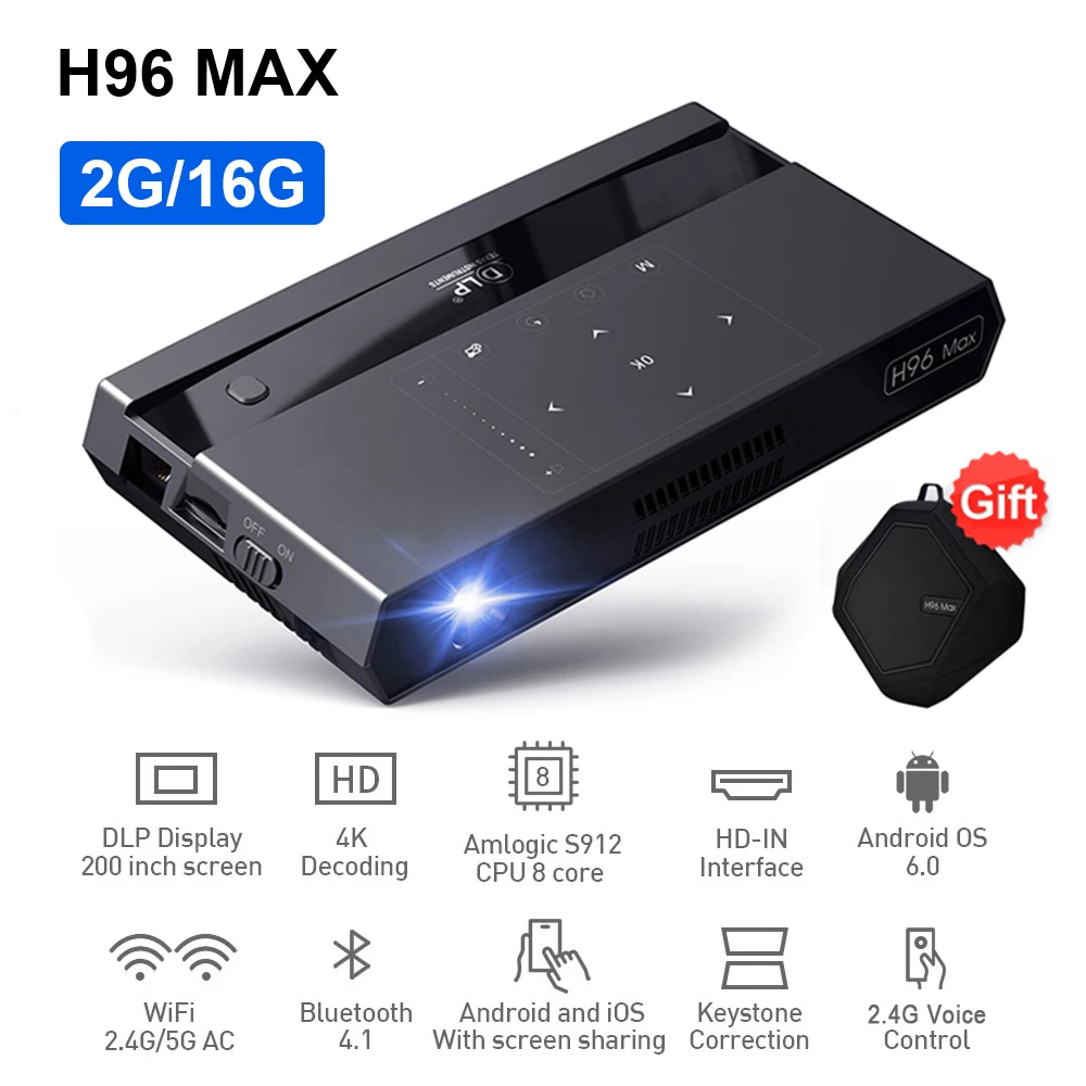 Мини-проектор H96 MAX DLP Full HD 4K Wi-Fi Android 200 портативный проектор S912 2 ГБ 16 сенсорная