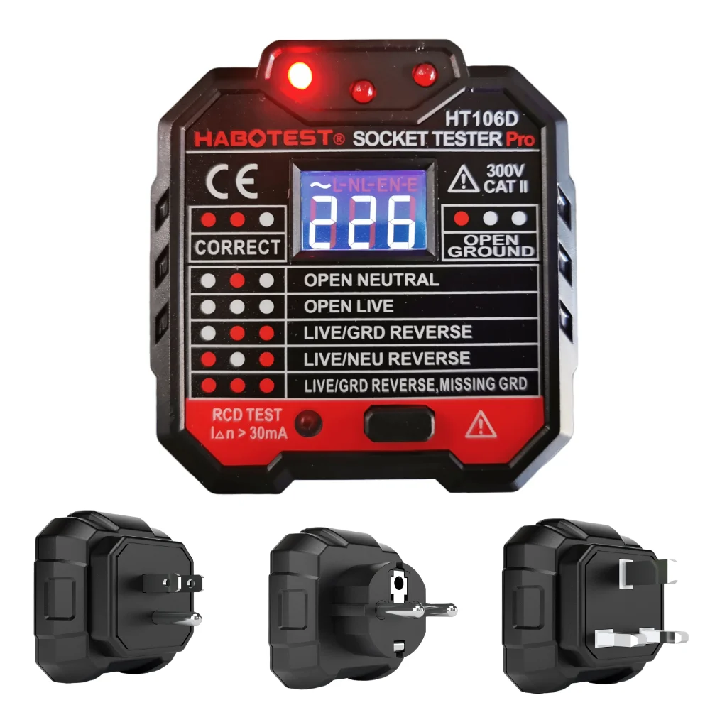 HT106 Digital Display Socket Tester Voltage Test Socket Detector Ground Zero Line Plug Polarity Phase Check Advanced Plug Finder
HT106 Digital Display Socket Tester Voltage Test Socket Detector Ground Zero Line Plug Polarity Phase Check Advanced Plug Finder