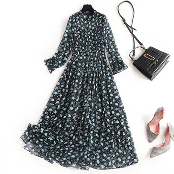 2020 Spring European Gold Stamping New Fashion Floral Printed High Waist Wrist Sleeves Pink Black Long Pleated Maxi Dress Women
2020 Spring European Gold Stamping New Fashion Floral Printed High Waist Wrist Sleeves Pink Black Long Pleated Maxi Dress Women