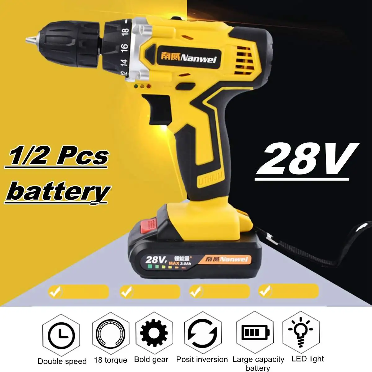 28V Electric Cordless Drill Driver Screwdriver Li-Ion Battery LED Light Battery 1/2-Inch 2-Speed
28V Electric Cordless Drill Driver Screwdriver Li-Ion Battery LED Light Battery 1/2-Inch 2-Speed