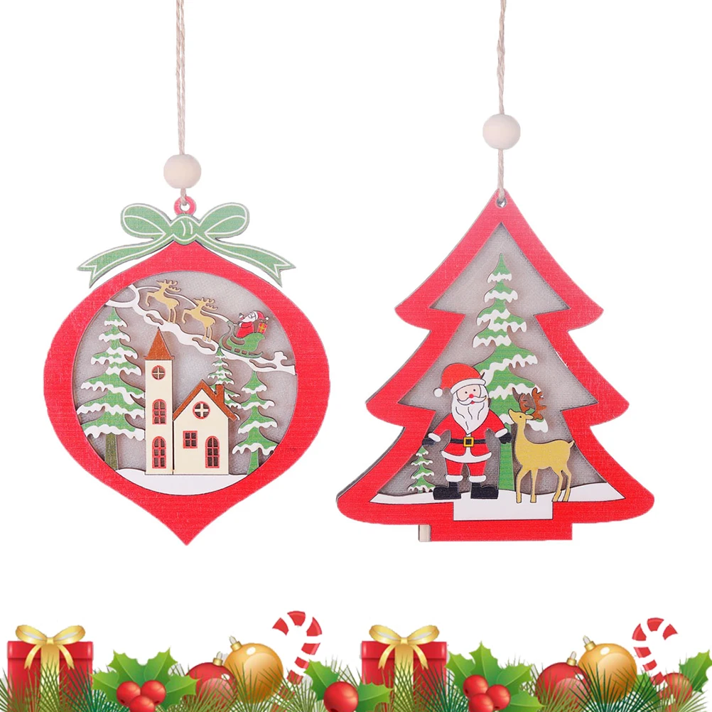 2pcs wooden pendant christmas creative with light craft hanging