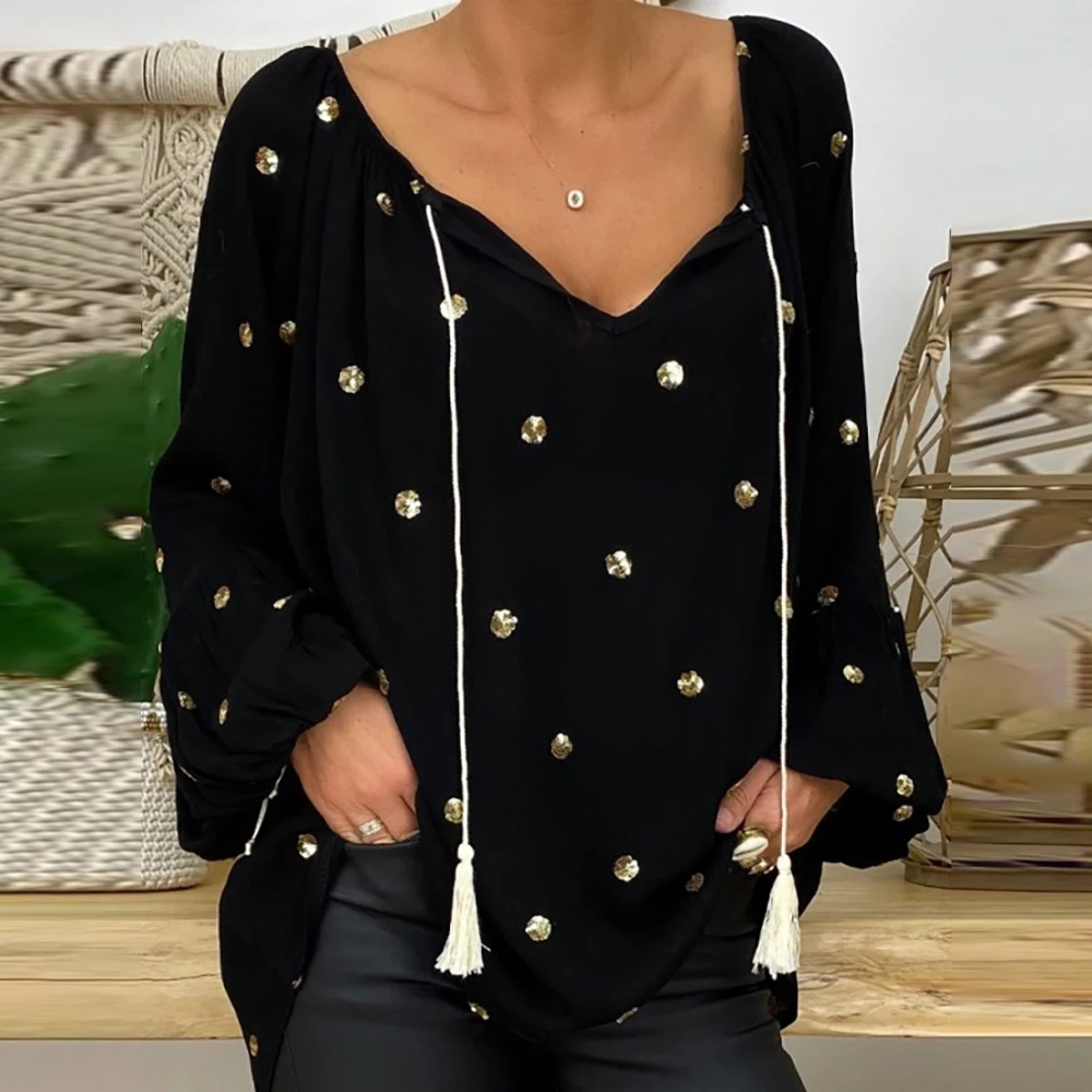 Fashion Ladies Blouses Autumn Lantern Long Sleeve Shirts Sexy Hollow Out V-Neck Loose Polka Dot Black White Tops For Women
Fashion Ladies Blouses Autumn Lantern Long Sleeve Shirts Sexy Hollow Out V-Neck Loose Polka Dot Black White Tops For Women