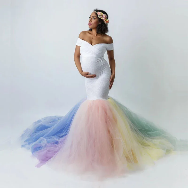 

Rainbow Tutu Dresses Maternity Photography Props Pregnancy Dress Photography Fishtail Maternity Dress For Photo Shoot Maxi Dress