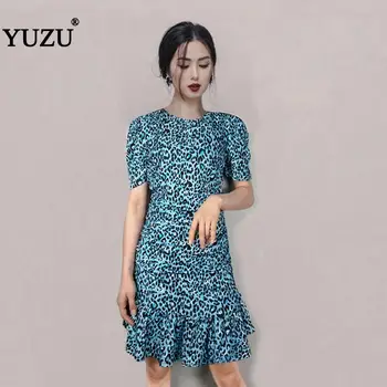 

Mermaid Cheetah Print Dress Blue Bodycon Summer 2020 Women Party Office Korean Ruffles Short Puff Sleeve O Neck Mini Dresses