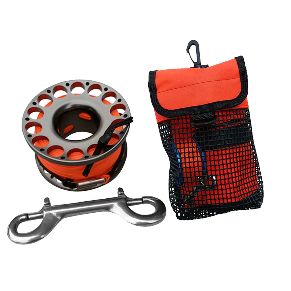 Scuba Diving Finger Spool Reel with 30m Guide Line Ended Bolt Clip + SMB Reel Surface Marker Buoy Holder Carry Mesh Bag Pocket Scuba Diving Finger Spool Reel with 30m Guide Line Ended Bolt Clip + SMB Reel Surface Marker Buoy Holder Carry Mesh Bag Pocket