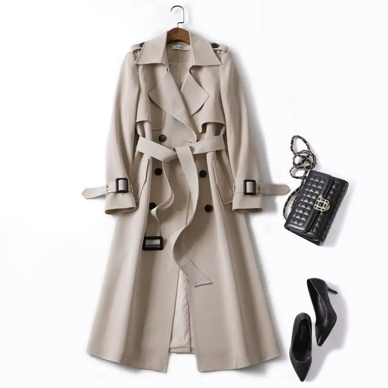 Фото Тренч Женский однотонный с поясом длинное пальто офисная одежда винтажная