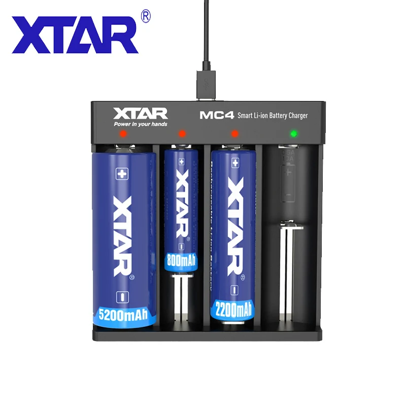 

XTAR MC4 4 Bays USB Battery Charger Micro USB Charging Port 3.6V/3.7V Li-ion IMR INR ICR Batteries 18650 Portable USB Charger