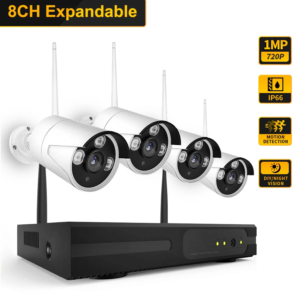 Security Wireless NVR Kit 8CH NVR+4 Camera 1.0MP 720P WIFI Camera Surveillance System Video Surveillance Kit Motion Detection
Security Wireless NVR Kit 8CH NVR+4 Camera 1.0MP 720P WIFI Camera Surveillance System Video Surveillance Kit Motion Detection