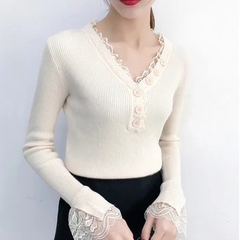 Autumn sweater Women long-sleeved V-neck solid color knit sweaters bottoming lace sleeves women's sweater 
Autumn sweater Women long-sleeved V-neck solid color knit sweaters bottoming lace sleeves women's sweater