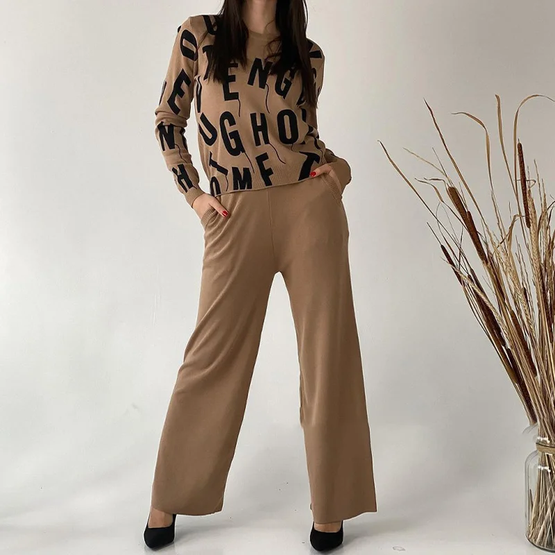 

Fall Winter Knitted Two Piece Trouser Set Women Letter Printed Pullover Sweater + Wide Leg Pant Business Knitwear Tracksuit