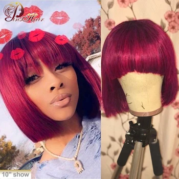 

Pinshair 1B Burgundy 99J Blonde Human Hair Wigs with Bang Straight Bob Wig Ombre Remy Peruvian Hair Short Bob Wigs Machine Wig