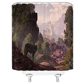 Woodland Decor Shower Curtain Set, A Wolf Coming Out of The Woods with A Gothic Castle Lake Boat Off in The Distance, Bathroom
Woodland Decor Shower Curtain Set, A Wolf Coming Out of The Woods with A Gothic Castle Lake Boat Off in The Distance, Bathroom