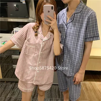 Summer Pajamas Sets Women Men Plaid Lace Loose Short Sleeve Couple Loungewear Korean Version Home Clothes Top+shorts Sleepwear 
Summer Pajamas Sets Women Men Plaid Lace Loose Short Sleeve Couple Loungewear Korean Version Home Clothes Top+shorts Sleepwear