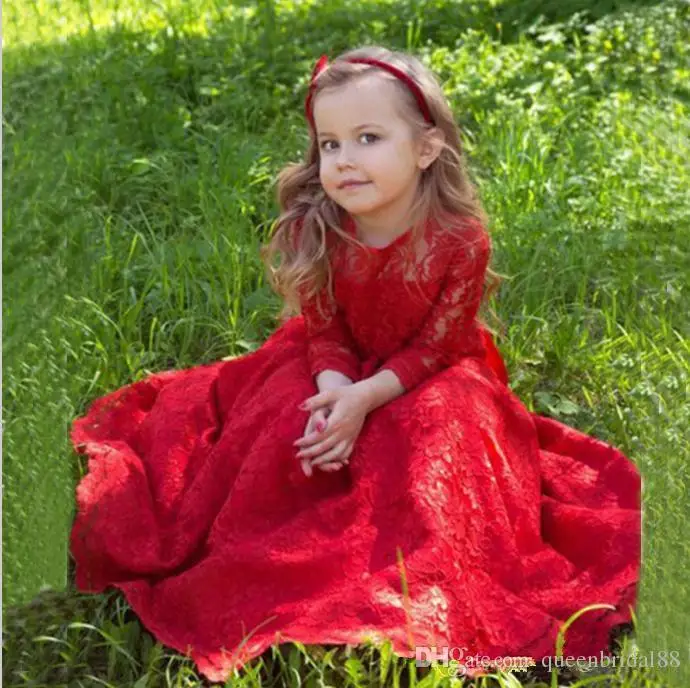 Lace Red A Line Mother and Daughter Wedding Flower Girl Dress with Bow Long Sleeve Sweep Train Princess Party Birthday Gowns | Свадьбы и
