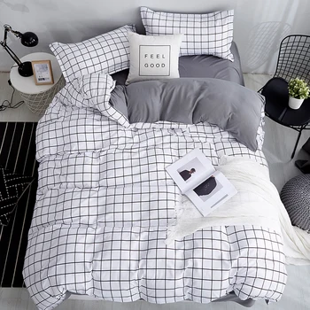 

Queen Size Bedding Set White Color Black Plaid Bed Size Linen Printed Bedroom Sets King Reactive For Kit Microfiber