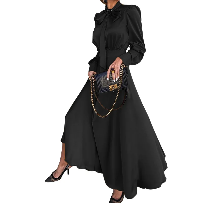 

New fashion women's all-match temperament lacing bow neckline long sleeve temperament solid color big hem and ankle long dress