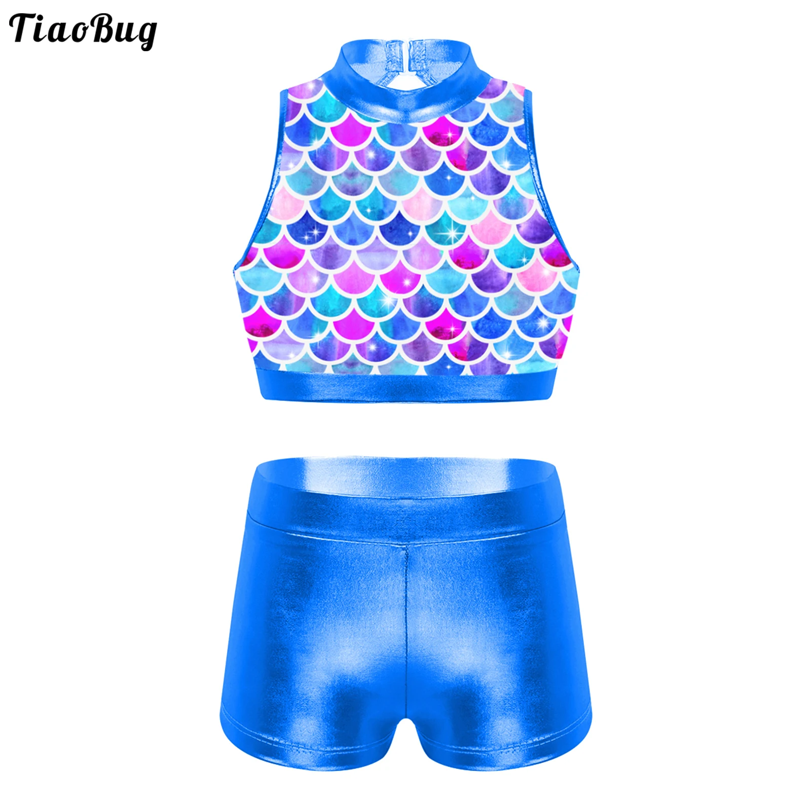 

TiaoBug Summer Kids Girls 2Pcs Dancewear Outfit Sparkly Sequins Sleeveless Cutout Back Crop Top With Metallic Bottoms Set