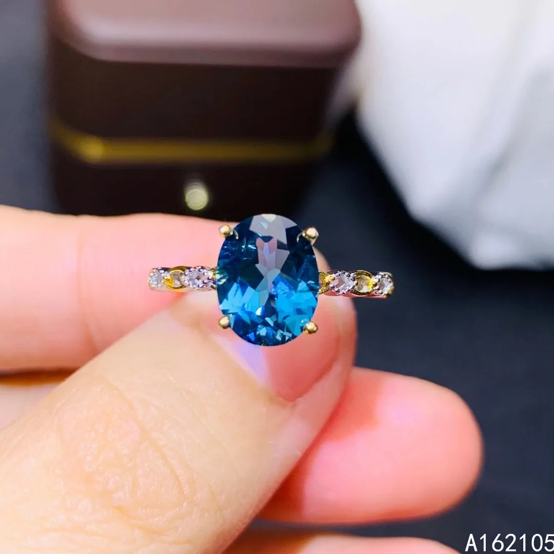

925 Pure Silver Chinese Style Natural London Blue Topaz Women's Luxury Trendy Simple Oval Adjustable Gem Ring Fine Jewelry Suppo