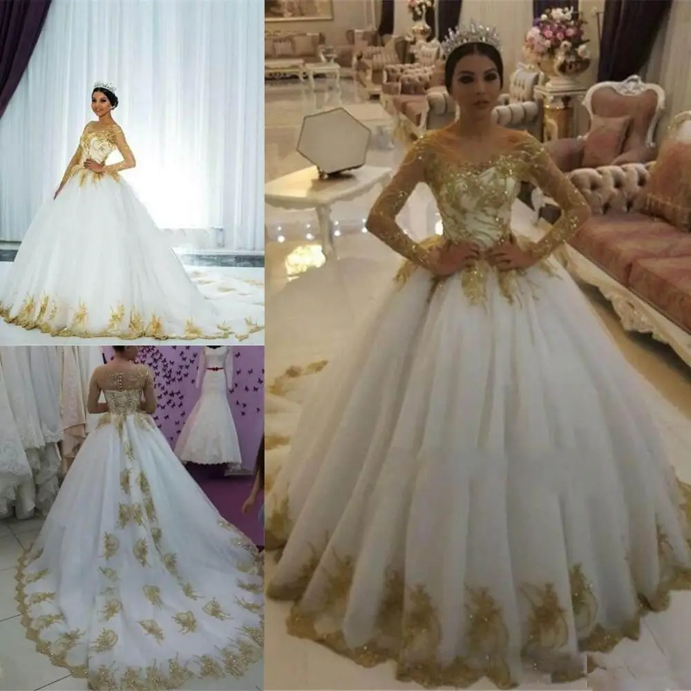 Sparkly Luxury Gold Lace Wedding Dresses with Long Sleeve 2020 Sheer O-neck Lace-up Back Sweep Train Princess Bride Wedding Gown
Sparkly Luxury Gold Lace Wedding Dresses with Long Sleeve 2020 Sheer O-neck Lace-up Back Sweep Train Princess Bride Wedding Gown