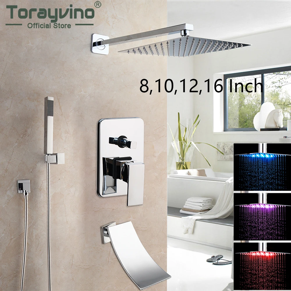 

Torayvino LED Light Chrome Polished 8-16 Inch Bathroom Faucet Set Wall Mounted Rain Waterfall Shower Faucets Mixer Tap Combo Kit