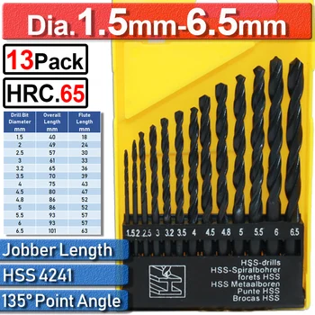 13Pcs Black Oxide Hardened High Speed Steel HSS 4241 Twist Drill Bits Metric Sizes Jobber Length For Wood Plastic 1.5-6.5mm D35 
13Pcs Black Oxide Hardened High Speed Steel HSS 4241 Twist Drill Bits Metric Sizes Jobber Length For Wood Plastic 1.5-6.5mm D35