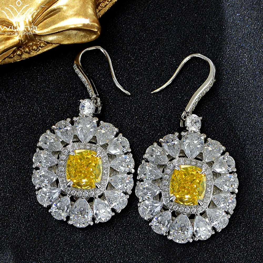 

WUIHA Solid 925 Sterling Silver Cushion Cut 8*9MM Citrine Gem Created Moissanite Wedding Drop Earrings Top Quality Fine Jewelry