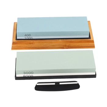 Sharpening Stone Set, Whetstone 2-IN-1 400/1000 3000/8000 Grit, Waterstone Wooden Holder and Knife Guide Included