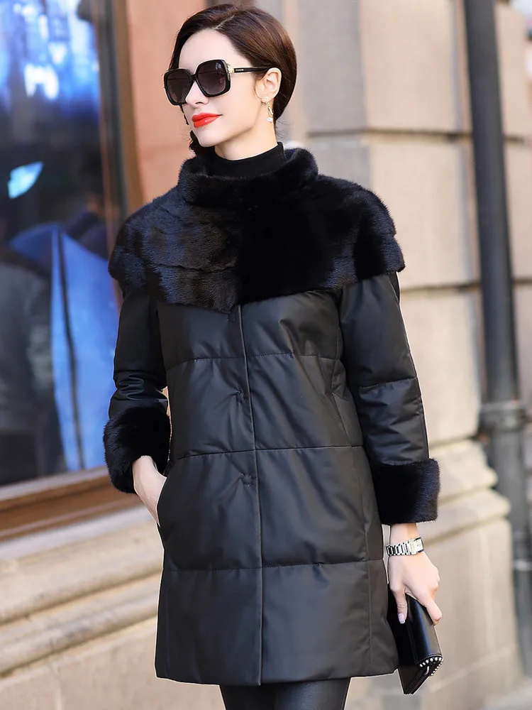 Фото Зимнее пальто 2020 женская кожаная куртка из натуральной кожи норки меховой