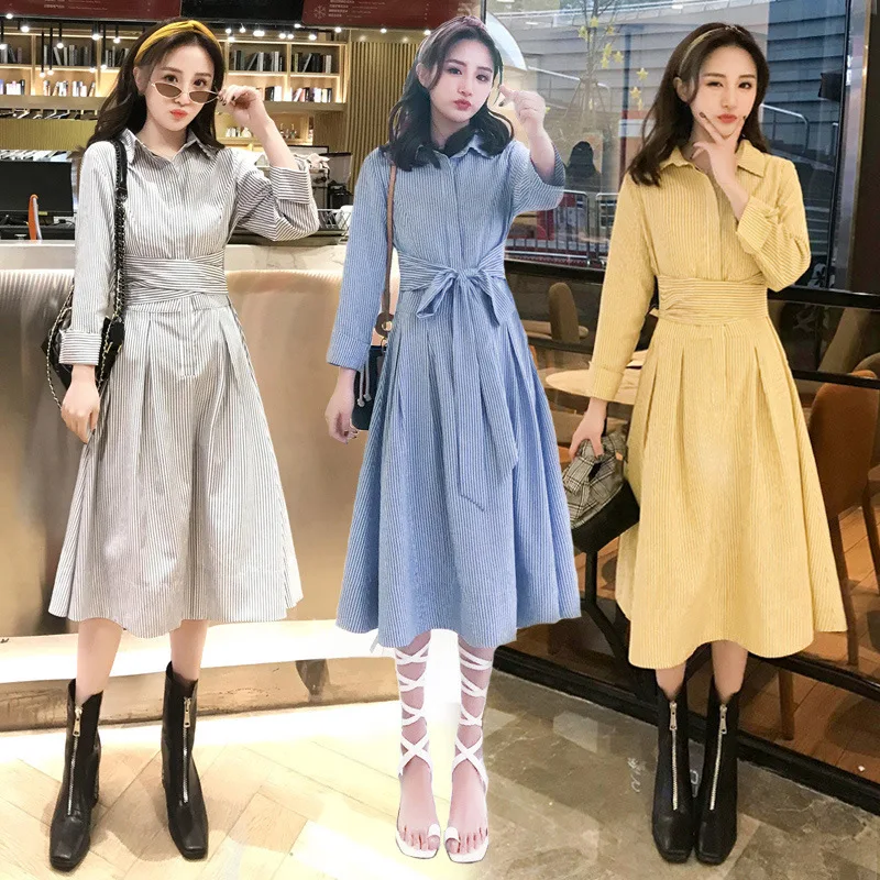 2019 Spring New Style WOMEN'S Dress-Style Corset Big Hemline Blue Striped Shirt Group Long Sleeve over Knee Full Body Dress