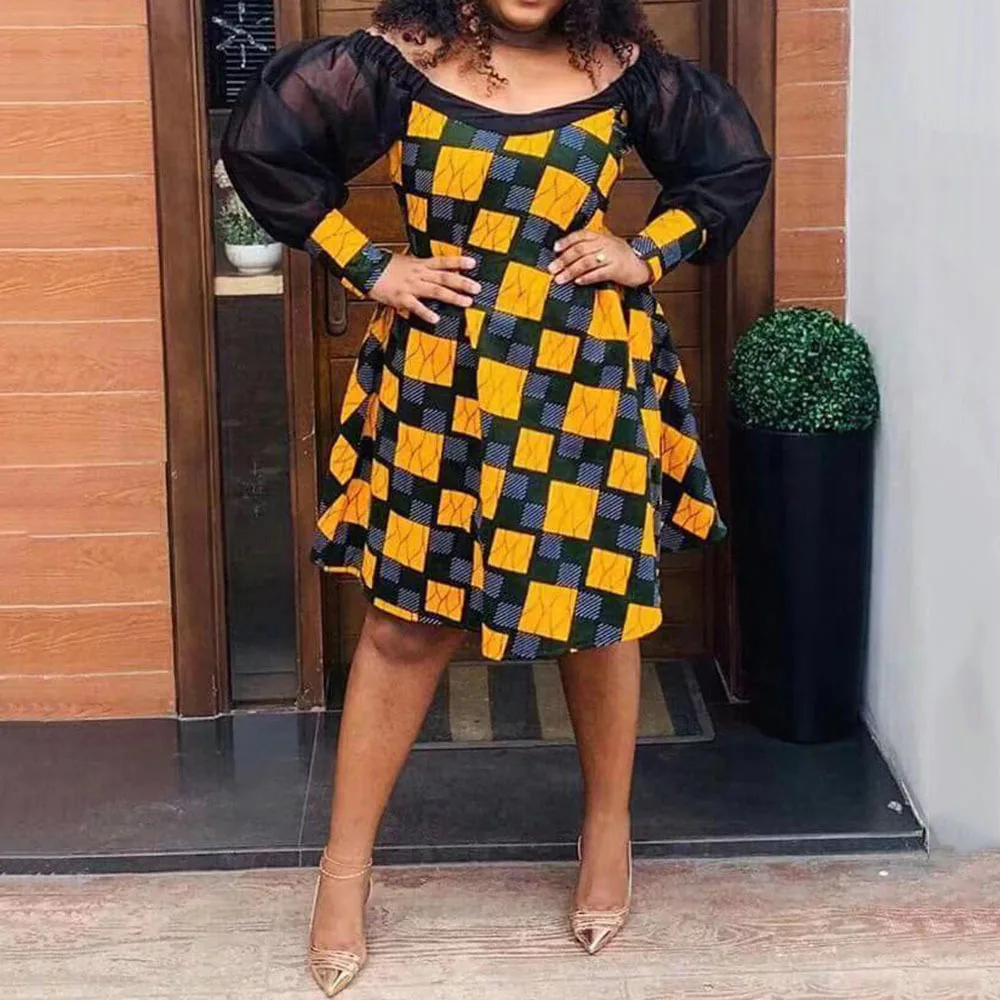 African Ladies Plus Size Mesh Long Sleeve Spring Dress Yellow Geometrical Pattern Printed Sexy Off Shoulder Dresses Large Sizes
African Ladies Plus Size Mesh Long Sleeve Spring Dress Yellow Geometrical Pattern Printed Sexy Off Shoulder Dresses Large Sizes